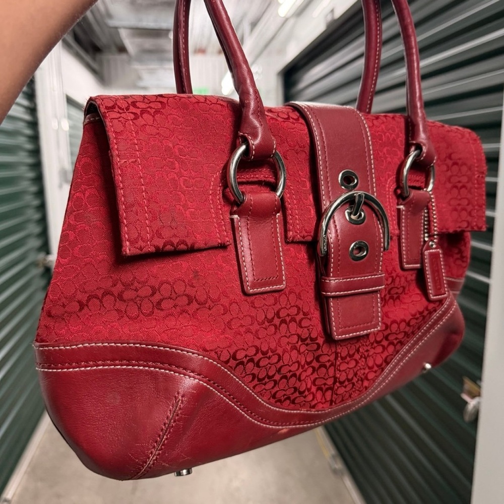 Vintage Coach buckle large shoulder bag satchel red canvas y2k - Picture 2 of 6